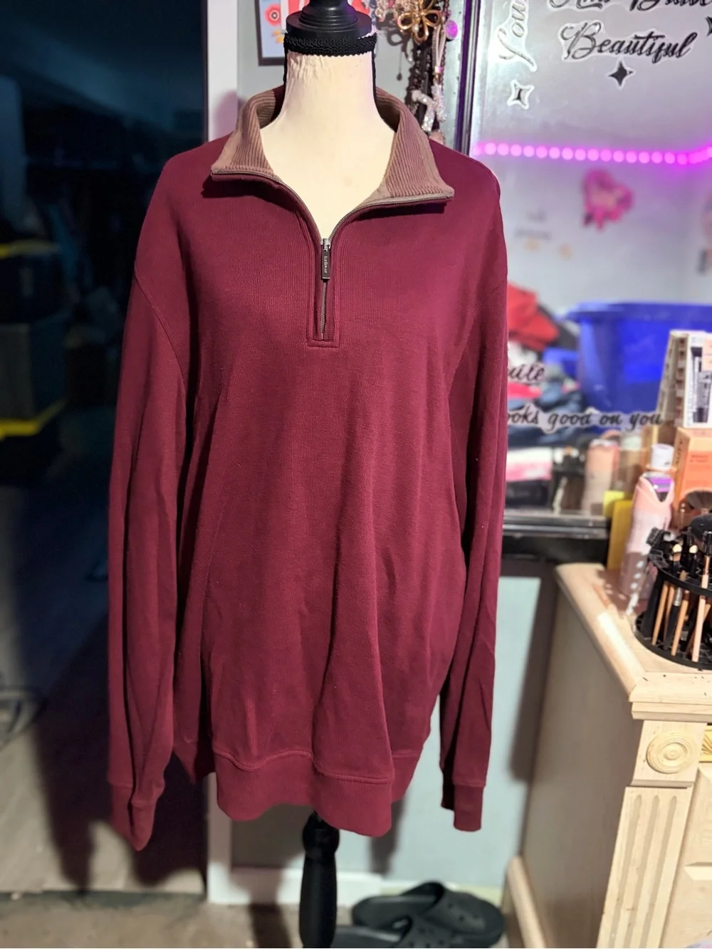 NWOT Van Heusen Men's Zip-Up Sweater in Burgundy with Tan Collar- L